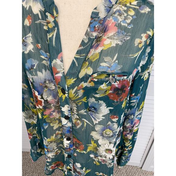 Kut From the Kloth green floral sheer button down convertible sleeve blouse med - Picture 4 of 8